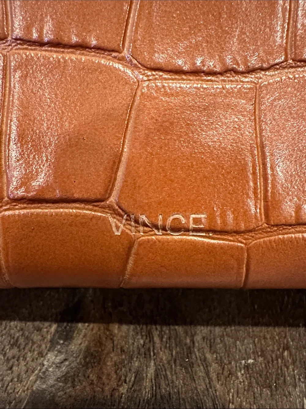 Vince Signature V Croc-Embossed Leather Tote Color Cognac